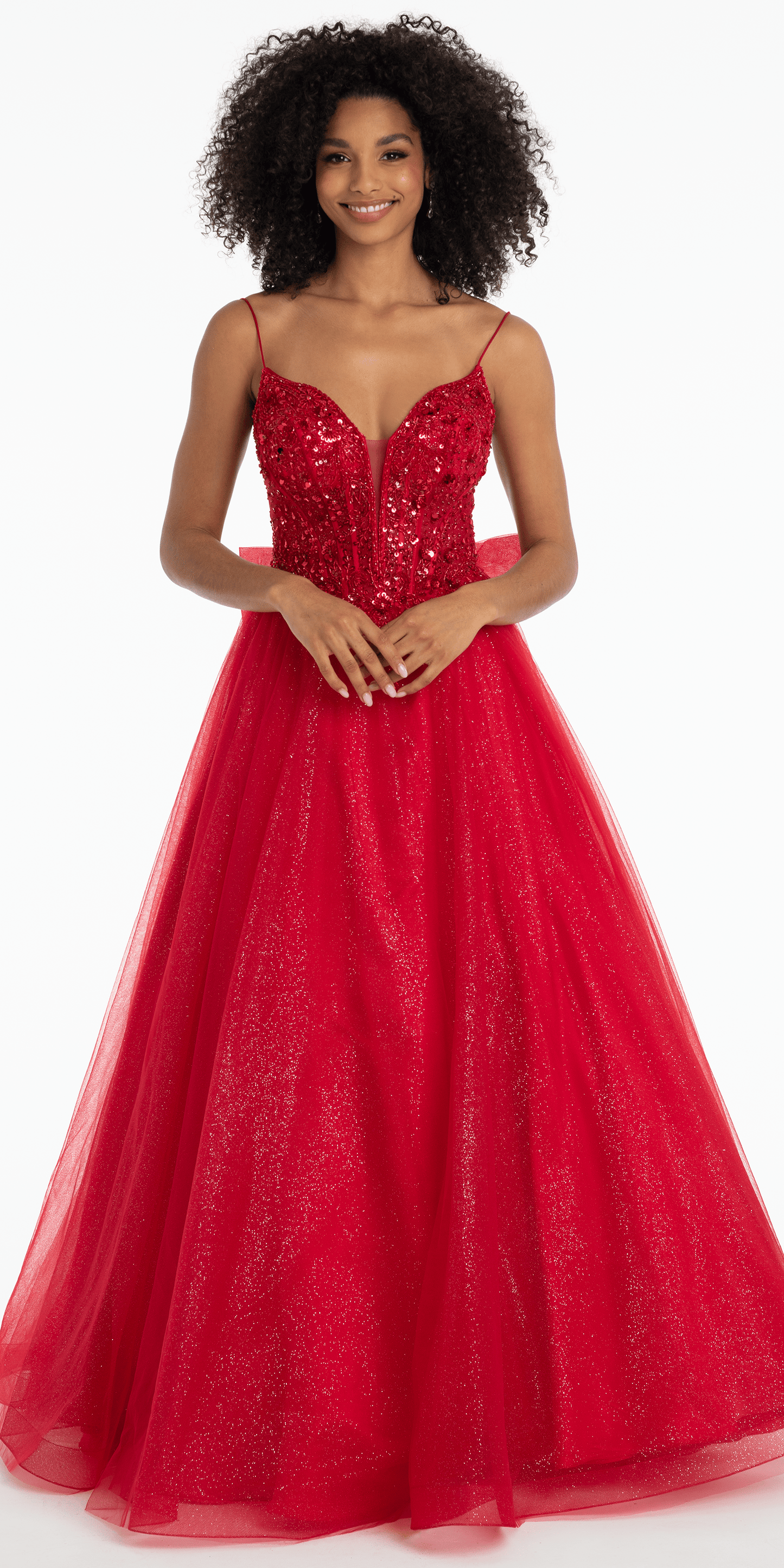 Beaded Plunge Corset Glitter Tulle Ballgown with Bow Back - Camille La Vie