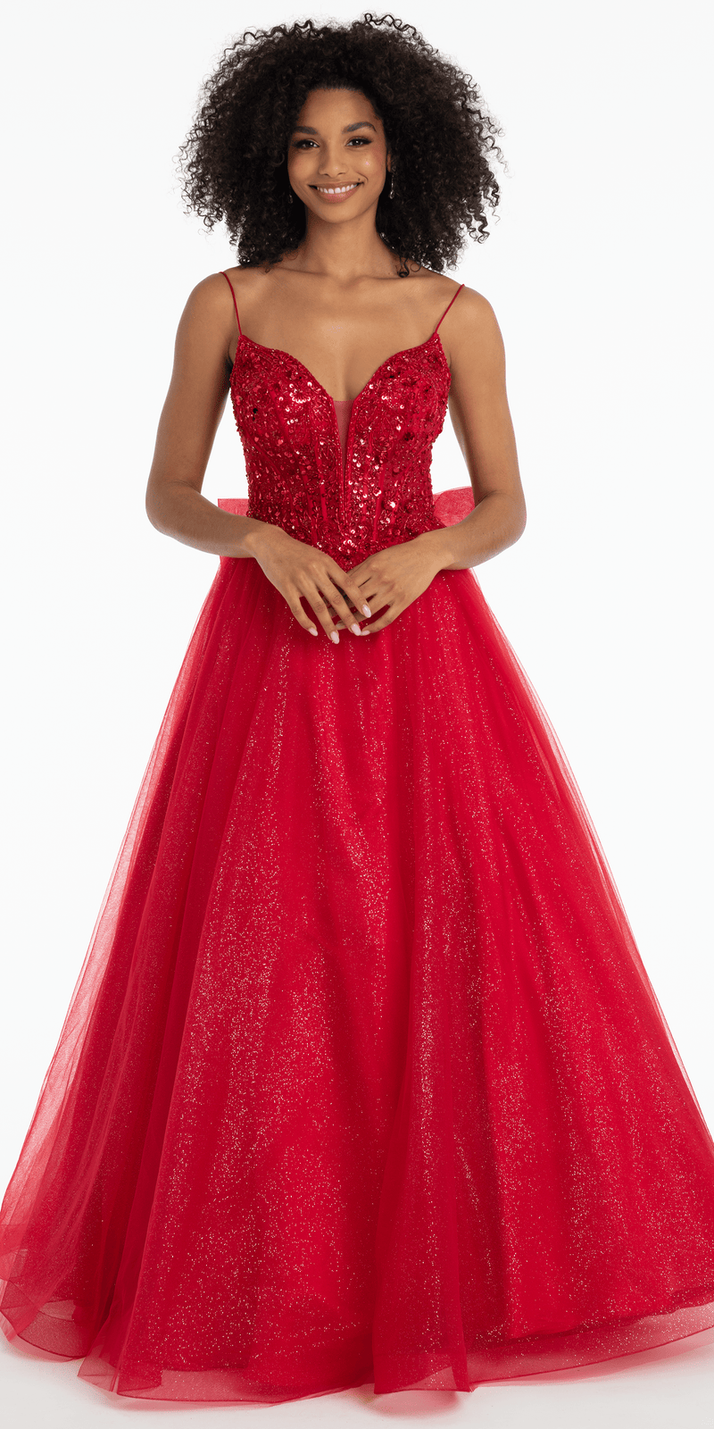 Beaded Plunge Corset Glitter Tulle Ballgown with Bow Back - Camille La Vie