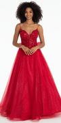 Beaded Plunge Corset Glitter Tulle Ballgown with Bow Back - Camille La Vie