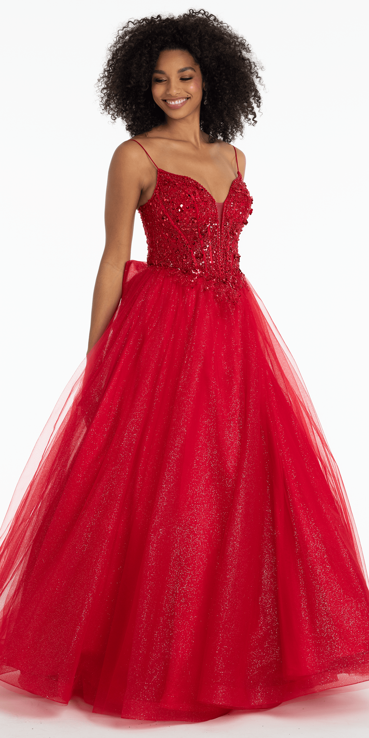 Beaded Plunge Corset Glitter Tulle Ballgown with Bow Back - Camille La Vie