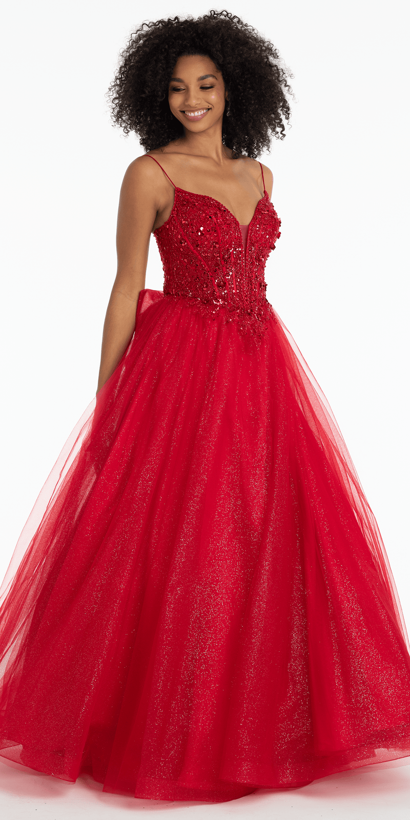 Beaded Plunge Corset Glitter Tulle Ballgown with Bow Back - Camille La Vie