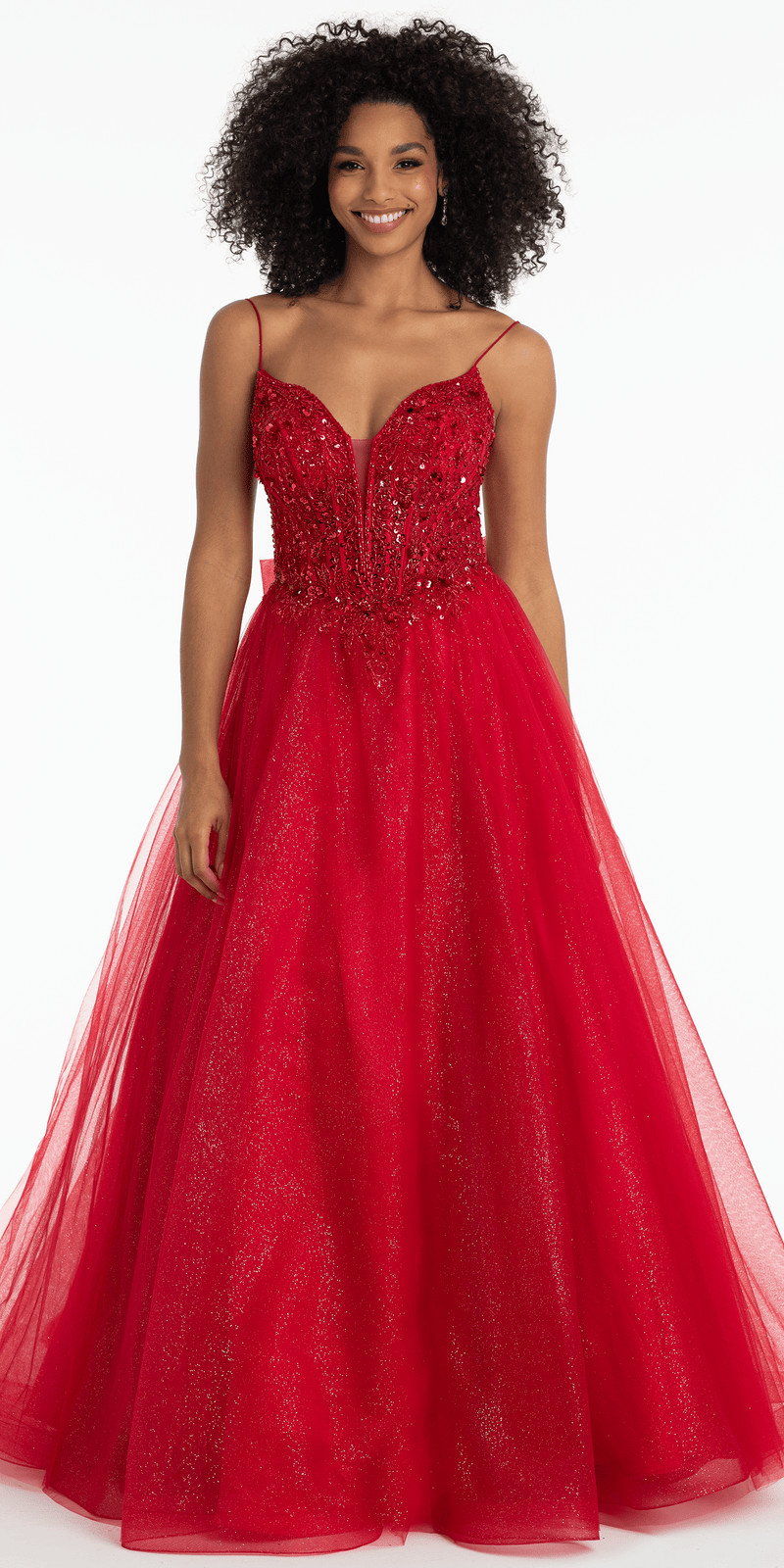 Beaded Plunge Corset Glitter Tulle Ballgown with Bow Back - Camille La Vie