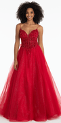 Beaded Plunge Corset Glitter Tulle Ballgown with Bow Back - Camille La Vie