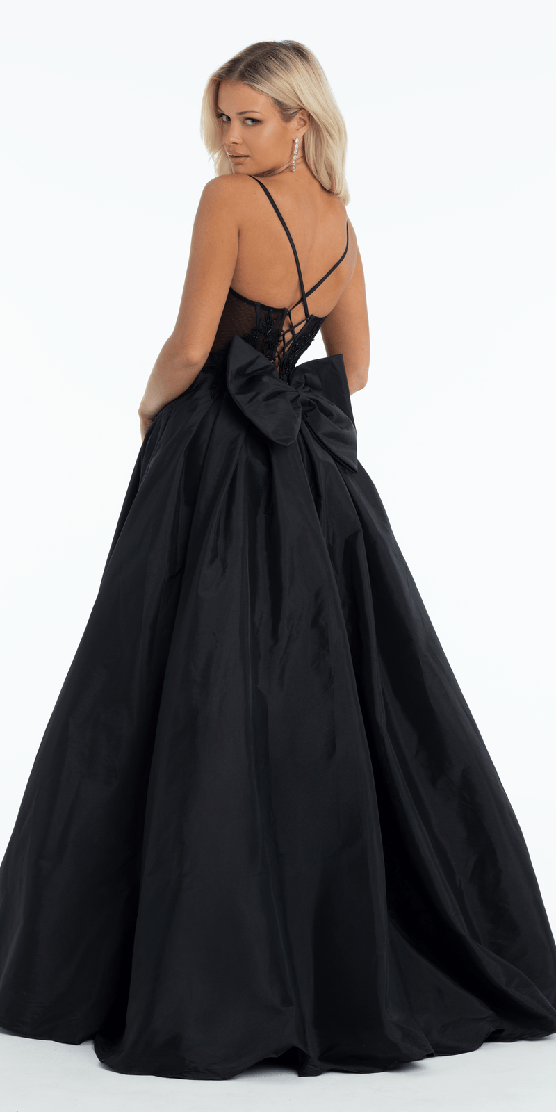 Taffeta Plunge Beaded Ballgown with Detachable Bow and Pockets - Camille La Vie