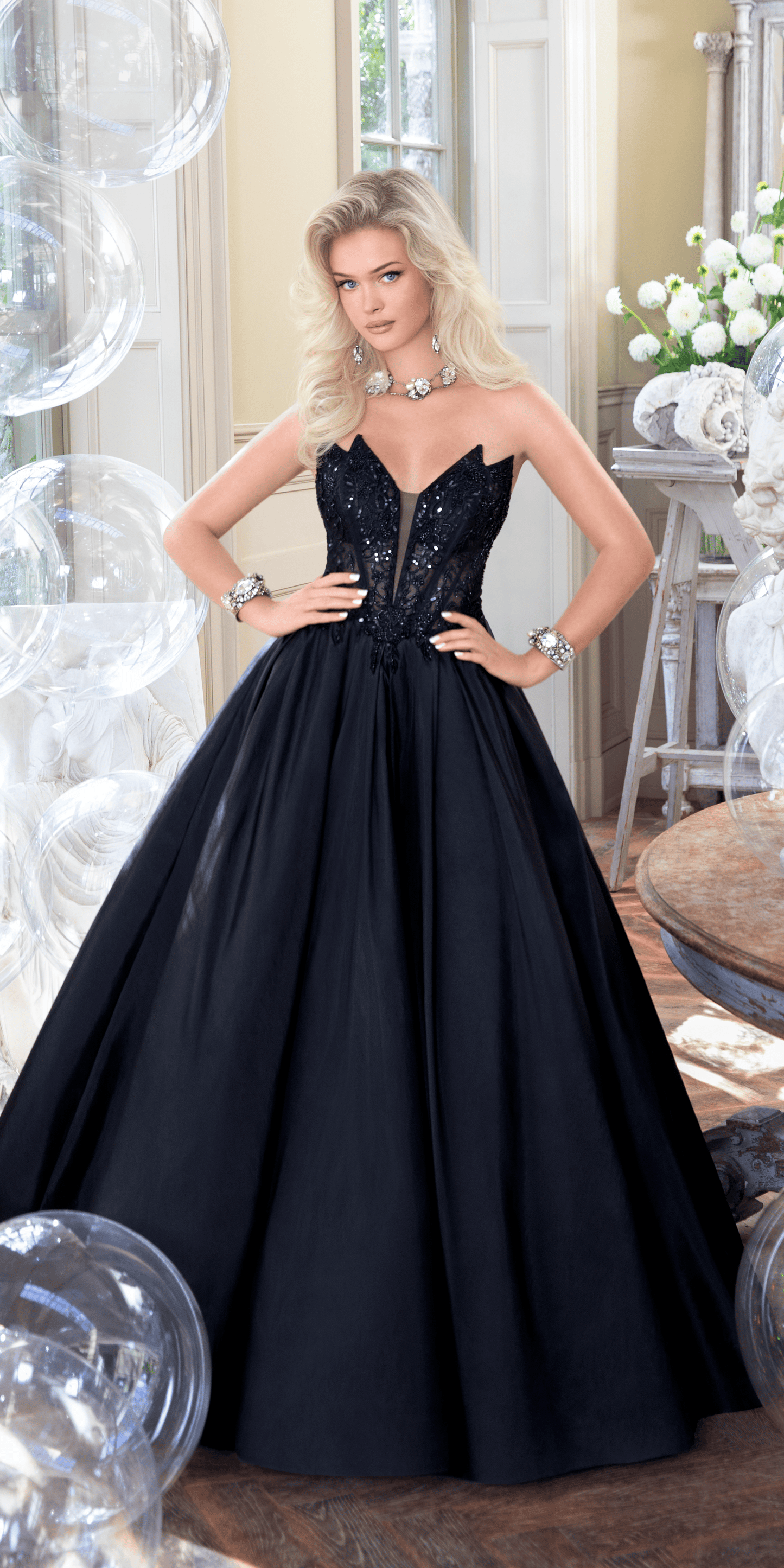 Taffeta Plunge Beaded Ballgown with Detachable Bow and Pockets - Camille La Vie