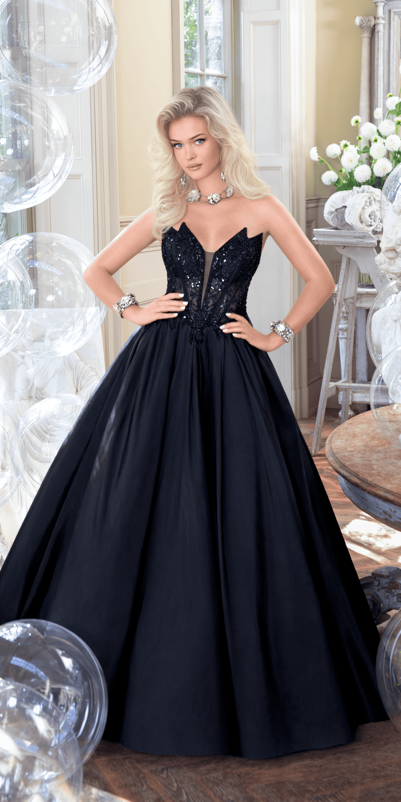 Taffeta Plunge Beaded Ballgown with Detachable Bow and Pockets - Camille La Vie
