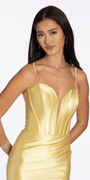 Stretch Sateen Shimmer Plunge Trumpet Dress with Sweep Train - Camille La Vie