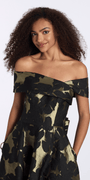 Camille La Vie Off the Shoulder Floral Jacquard A Line Dress with Bow