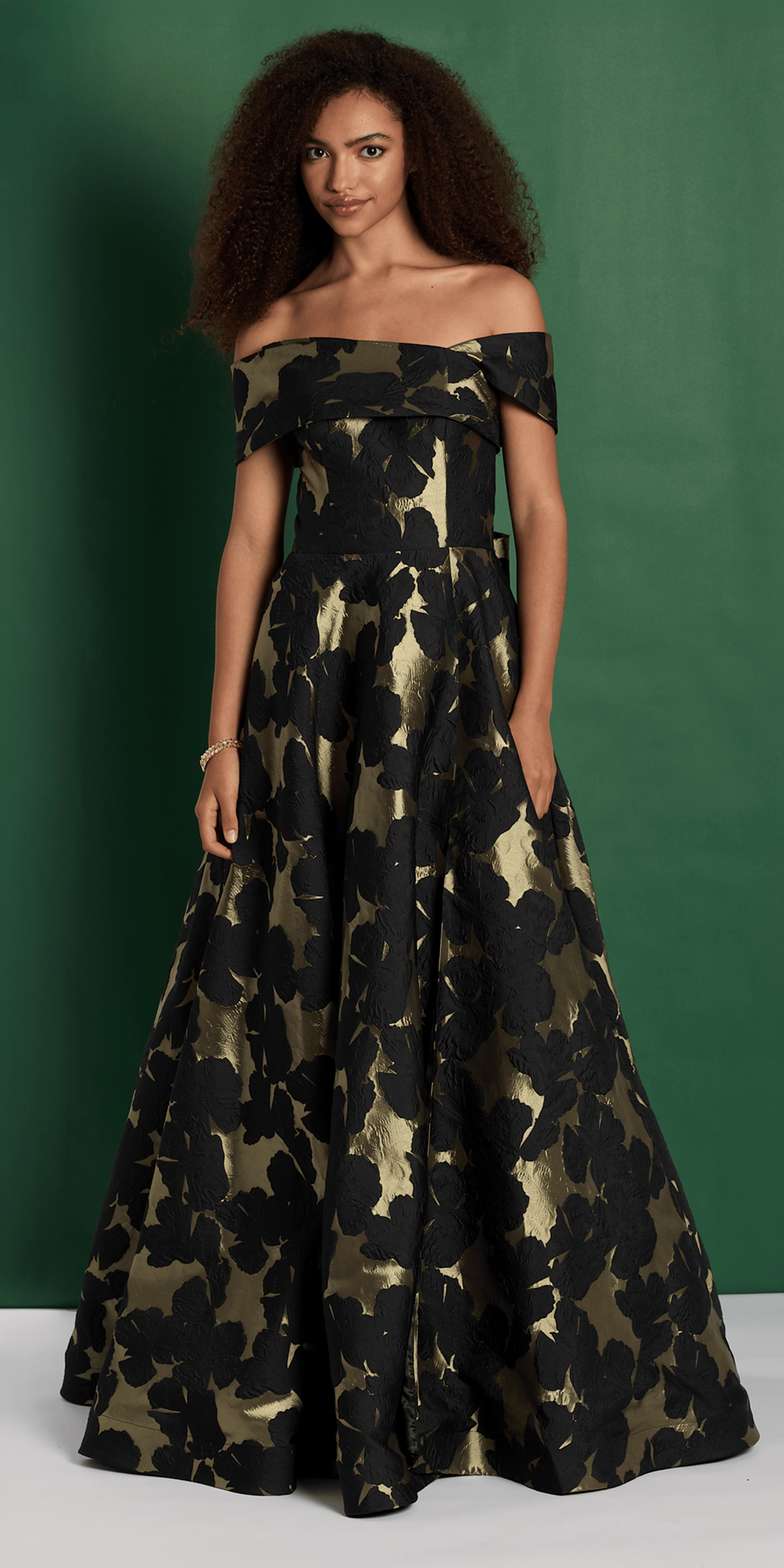 Camille La Vie Off the Shoulder Floral Jacquard A Line Dress with Bow