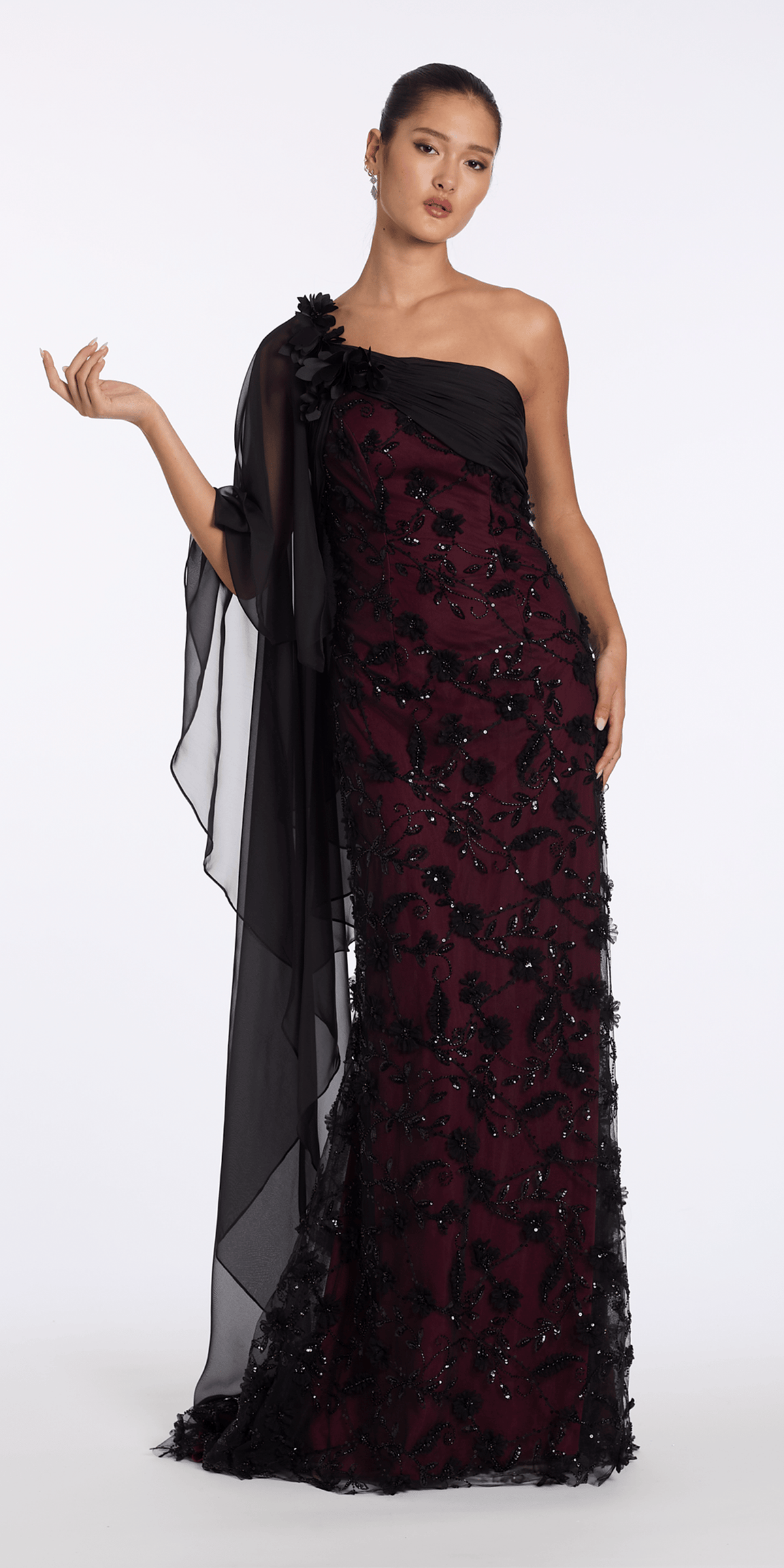 black-wine/size/6/missy/Camille La Vie/ Two Tone Mesh 3 D One Shoulder Column Dress with Cascade/front alt