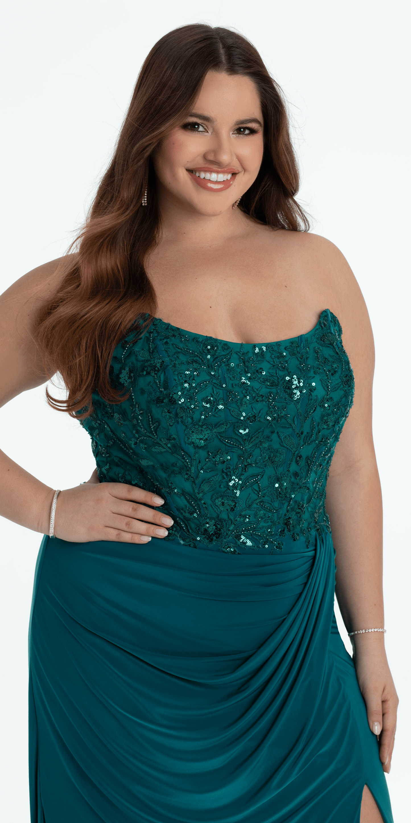 Strapless Embellished Drape Corset Jersey Column Dress - Camille La Vie