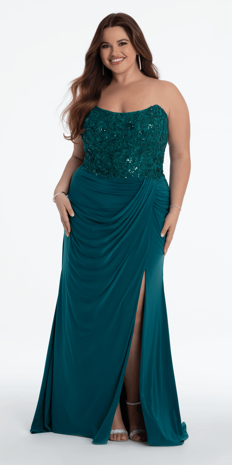 Strapless Embellished Drape Corset Jersey Column Dress - Camille La Vie