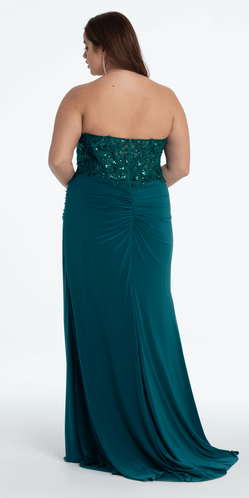 Strapless Embellished Drape Corset Jersey Column Dress - Camille La Vie