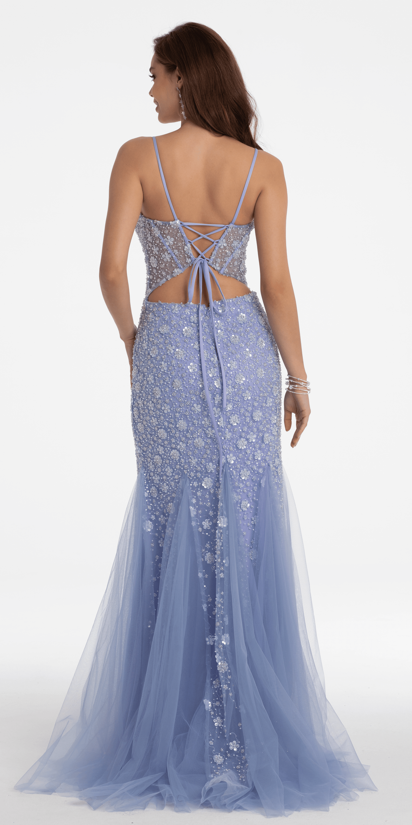 Plunging Pearl Corset Embellished Keyhole Back Dress - Camille La Vie
