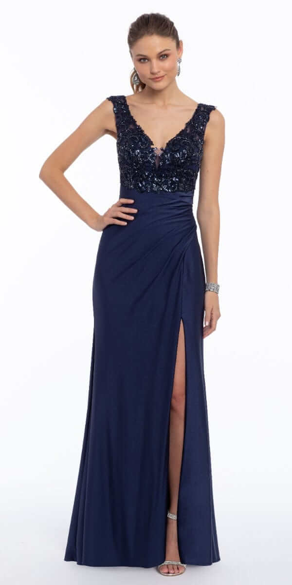 Deep V Beaded Column Dress with Slit - Camille La Vie