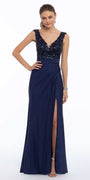 Deep V Beaded Column Dress with Slit - Camille La Vie