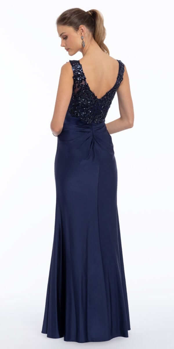 Deep V Beaded Column Dress with Slit - Camille La Vie
