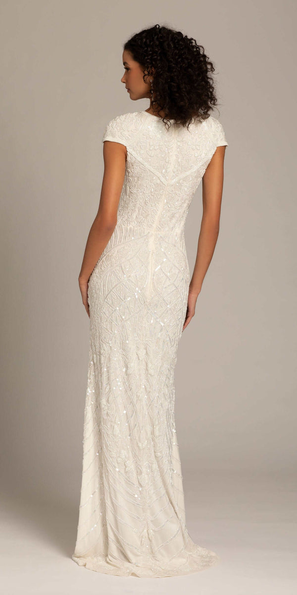 ivory/size/4/ missy/Camille La Vie/Geometric Beaded Cap Sleeve Jewel Neck Mesh Column Dress /back