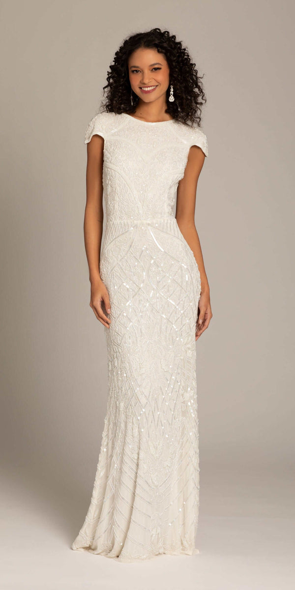 ivory/size/4/ missy/Camille La Vie/Geometric Beaded Cap Sleeve Jewel Neck Mesh Column Dress /front 