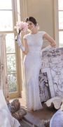 ivory/size/4/ missy/Camille La Vie/Geometric Beaded Cap Sleeve Jewel Neck Mesh Column Dress /lifestyle front