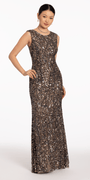 Two Tone Boat Neck Beaded Sequin Cap Sleeve Column Dress - Camille La Vie