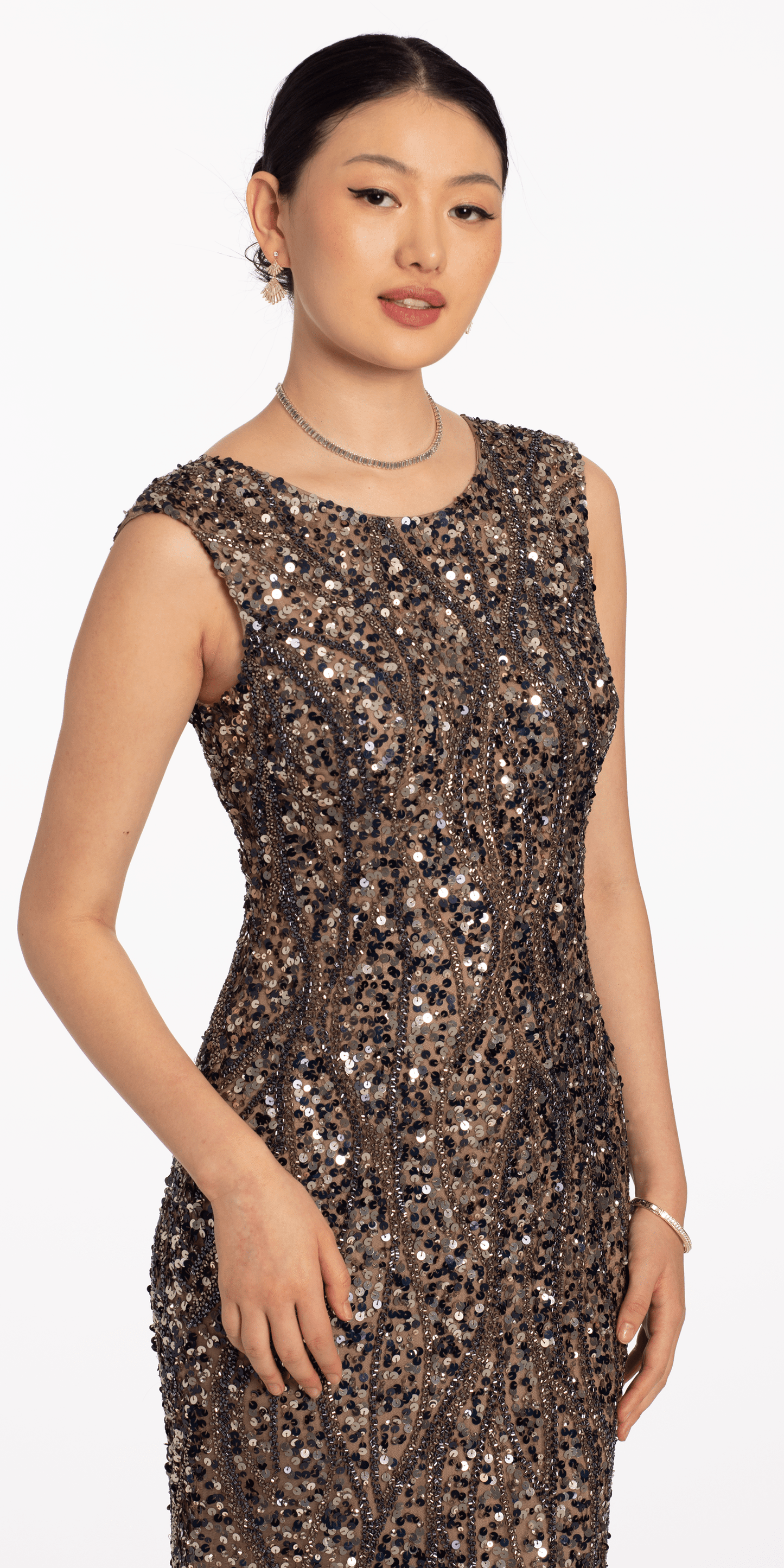 Two Tone Boat Neck Beaded Sequin Cap Sleeve Column Dress - Camille La Vie