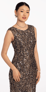 Two Tone Boat Neck Beaded Sequin Cap Sleeve Column Dress - Camille La Vie