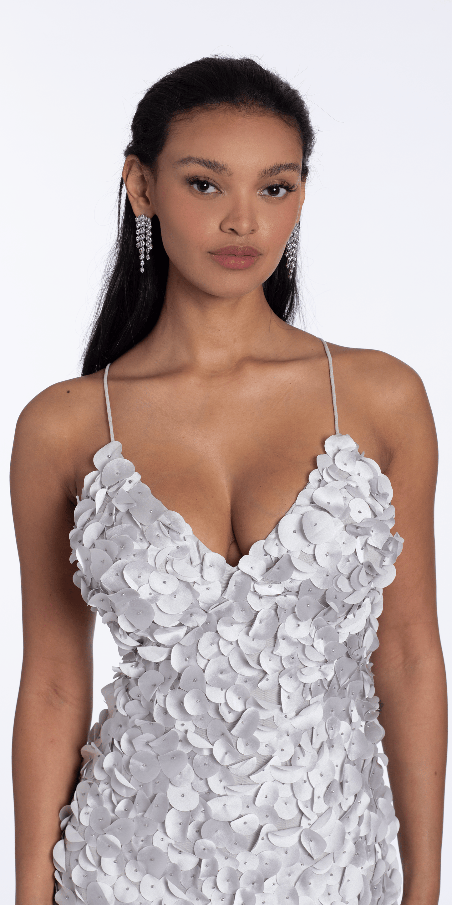 Mesh Strappy Back V Neck Column Dress with 3 D Petals - Camille La Vie