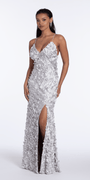 Mesh Strappy Back V Neck Column Dress with 3 D Petals - Camille La Vie