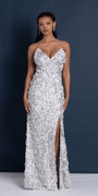 Mesh Strappy Back V Neck Column Dress with 3 D Petals - Camille La Vie
