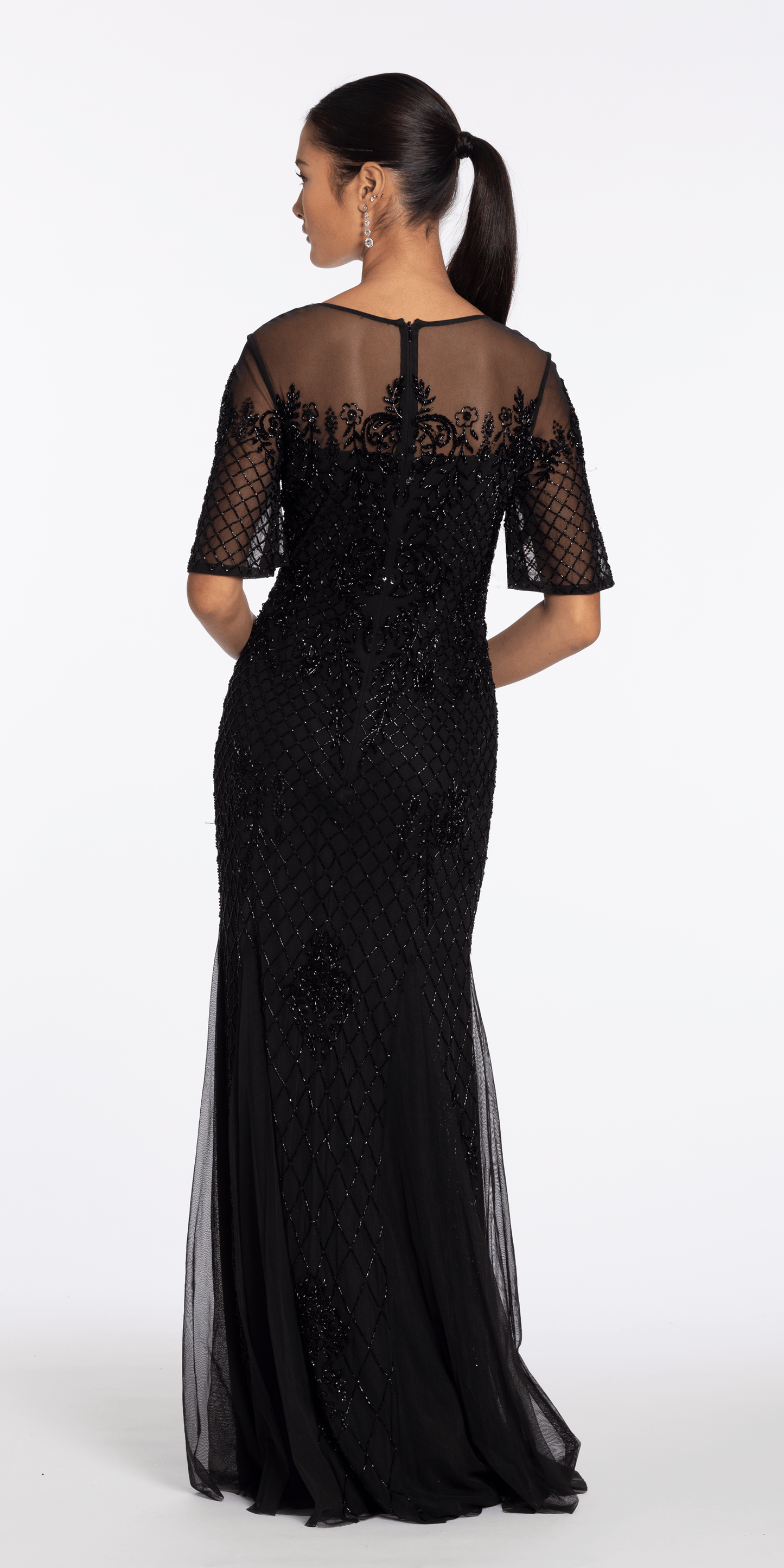 Beaded Illusion Short Sleeve Trumpet Dress with Godets - Camille La Vie