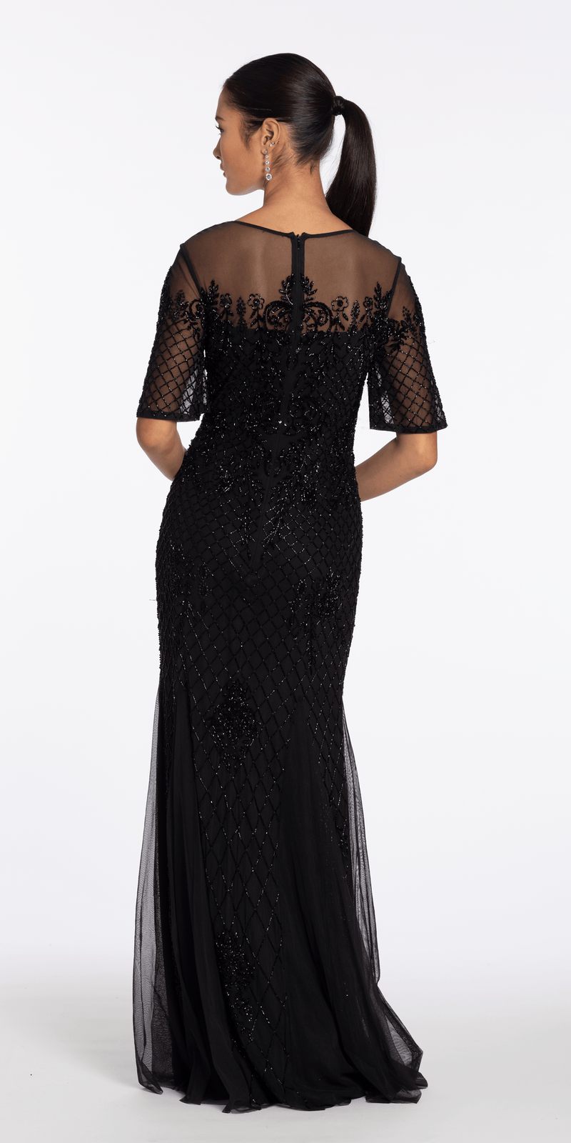Beaded Illusion Short Sleeve Trumpet Dress with Godets - Camille La Vie