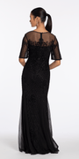 Beaded Illusion Short Sleeve Trumpet Dress with Godets - Camille La Vie