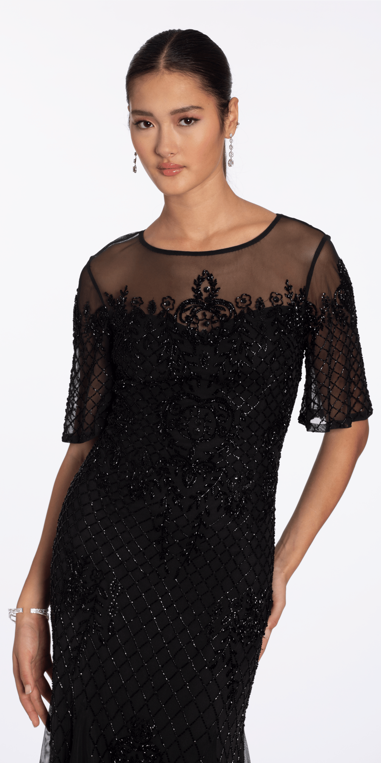 Beaded Illusion Short Sleeve Trumpet Dress with Godets - Camille La Vie