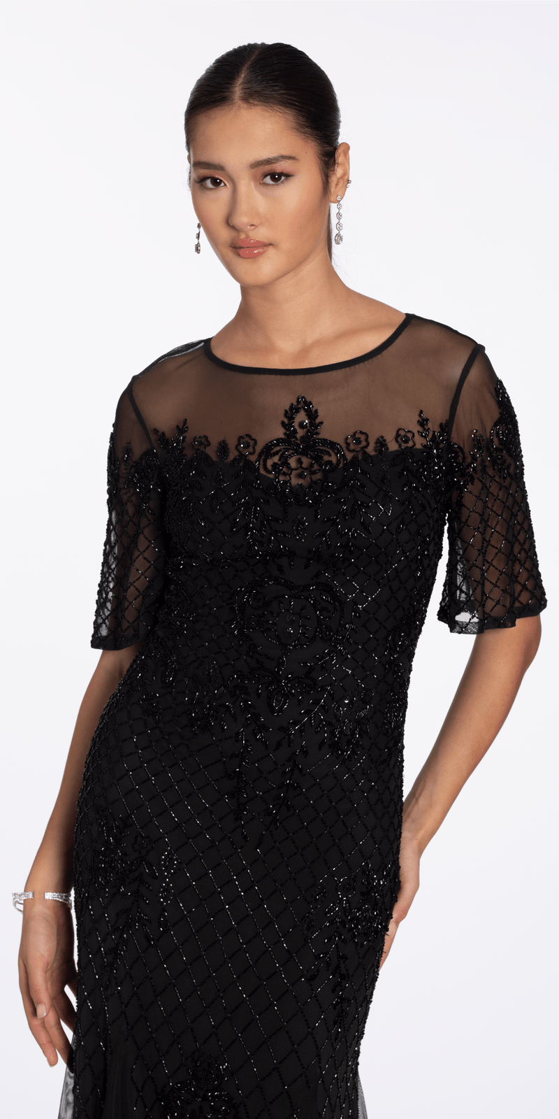 Beaded Illusion Short Sleeve Trumpet Dress with Godets - Camille La Vie