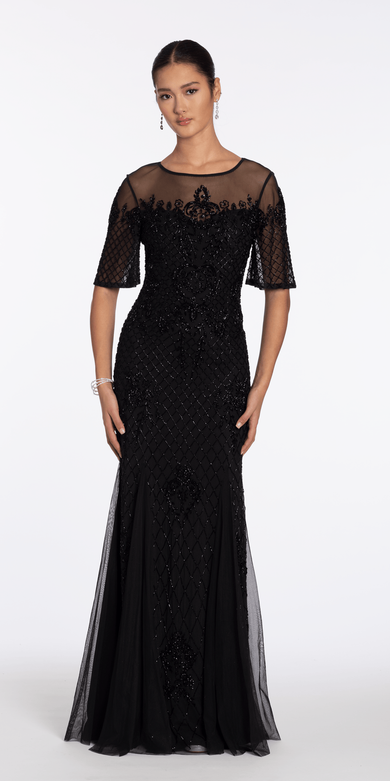 Beaded Illusion Short Sleeve Trumpet Dress with Godets - Camille La Vie