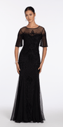 Beaded Illusion Short Sleeve Trumpet Dress with Godets - Camille La Vie