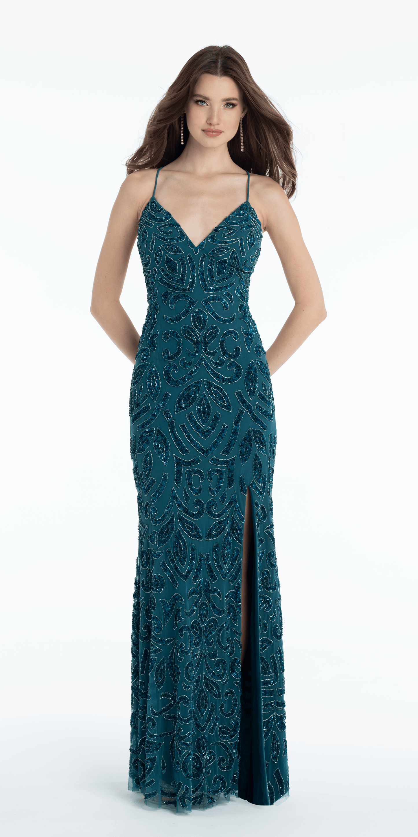 Sweetheart Mesh Scroll Beaded Column Dress with Side Slit - Camille La Vie
