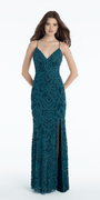 Sweetheart Mesh Scroll Beaded Column Dress with Side Slit - Camille La Vie