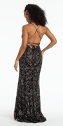 black/size/4/missy/Camille La Vie/Strappy Back Mesh Sweetheart Beaded Column Dress /back