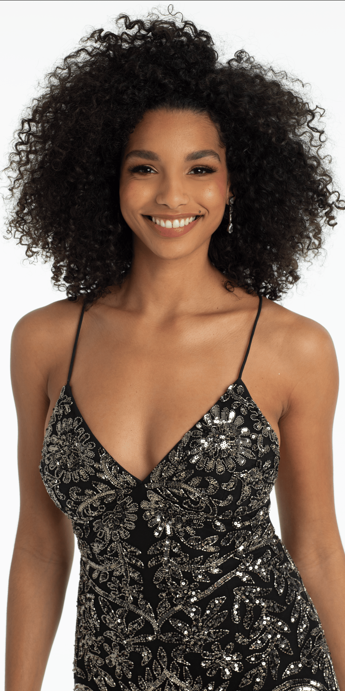 black/size/4/missy/Camille La Vie/Strappy Back Mesh Sweetheart Beaded Column Dress /close up