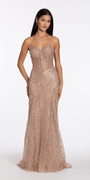 Crushed Stone and Glitter Mesh Corset V Back Trumpet Dress - Camille La Vie