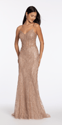 Crushed Stone and Glitter Mesh Corset V Back Trumpet Dress - Camille La Vie