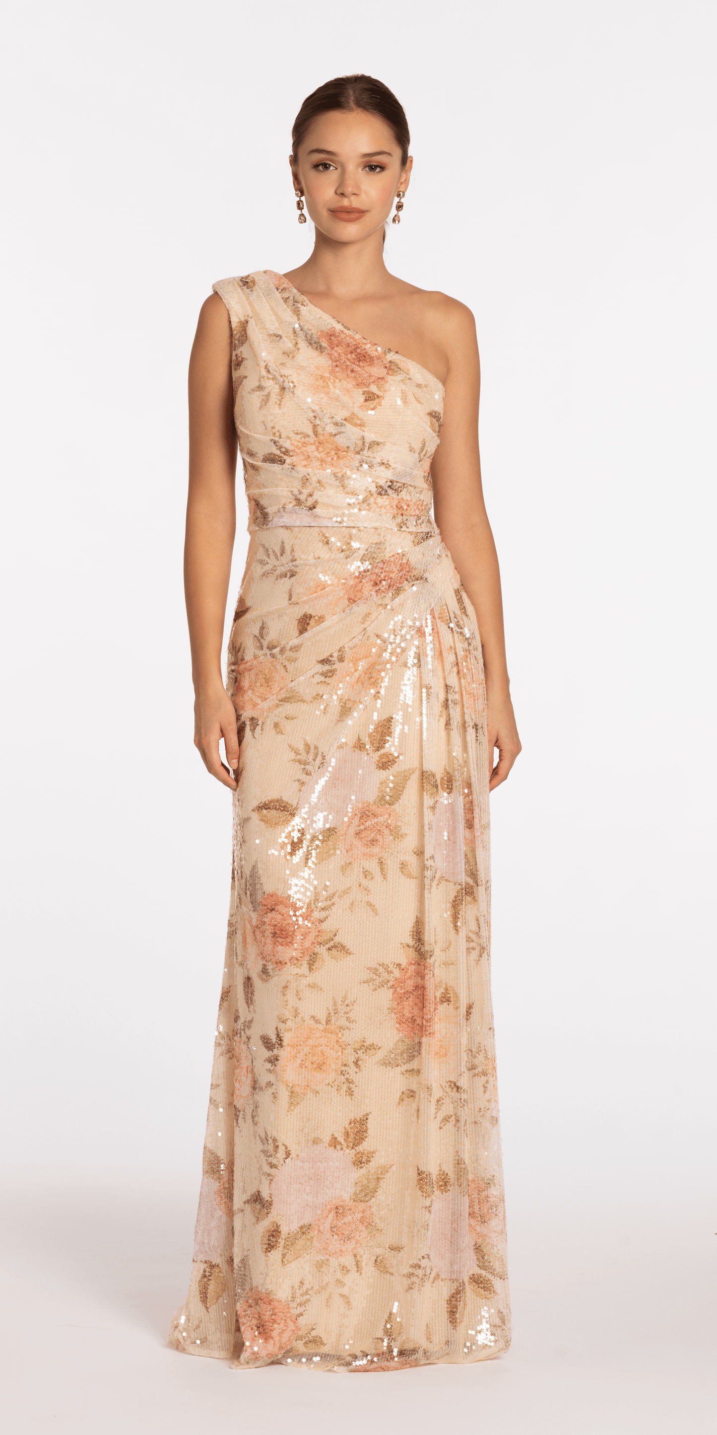 Sequin Floral One Shoulder Column Dress with Side Cascade - Camille La Vie