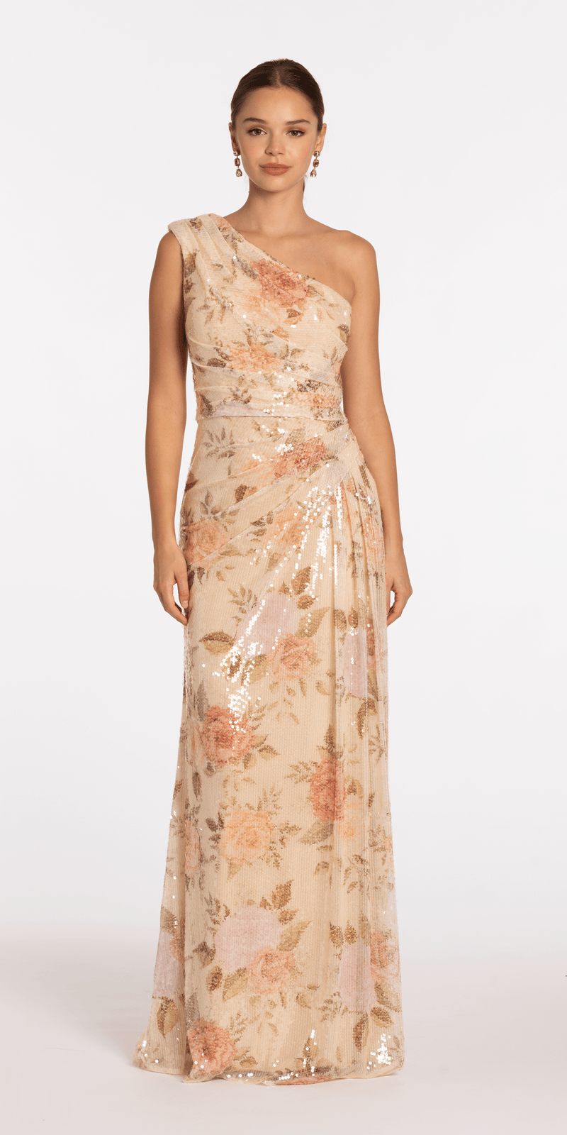Sequin Floral One Shoulder Column Dress with Side Cascade - Camille La Vie