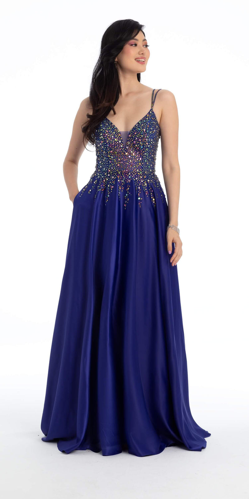 Chunky Gem Double Strap Satin A line Dress with Sweep Train - Camille La Vie