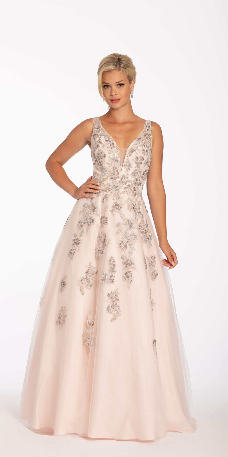Plunging Tulle Ballgown with Metallic Floral Applique - Camille La Vie