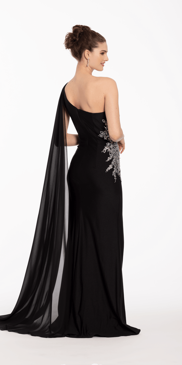One Shoulder Side Cascade Dress with Rhinestone Detail - Camille La Vie