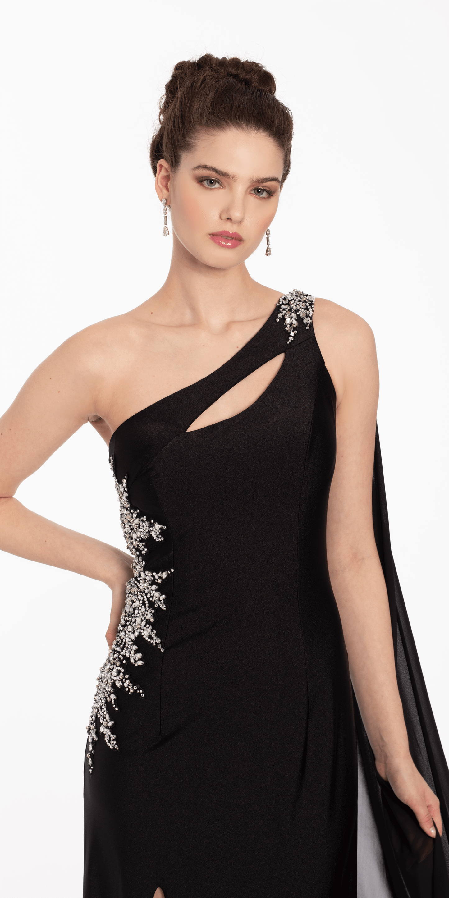 One Shoulder Side Cascade Dress with Rhinestone Detail - Camille La Vie