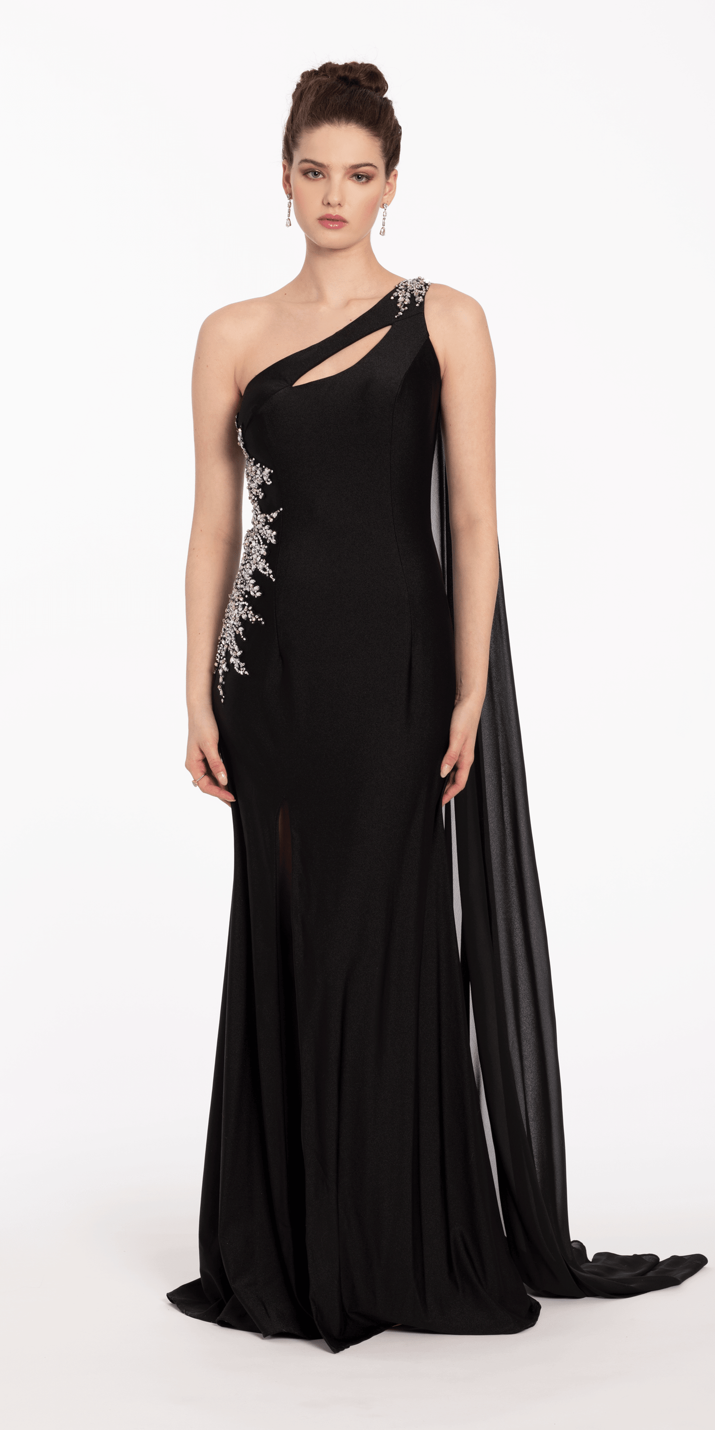 One Shoulder Side Cascade Dress with Rhinestone Detail - Camille La Vie
